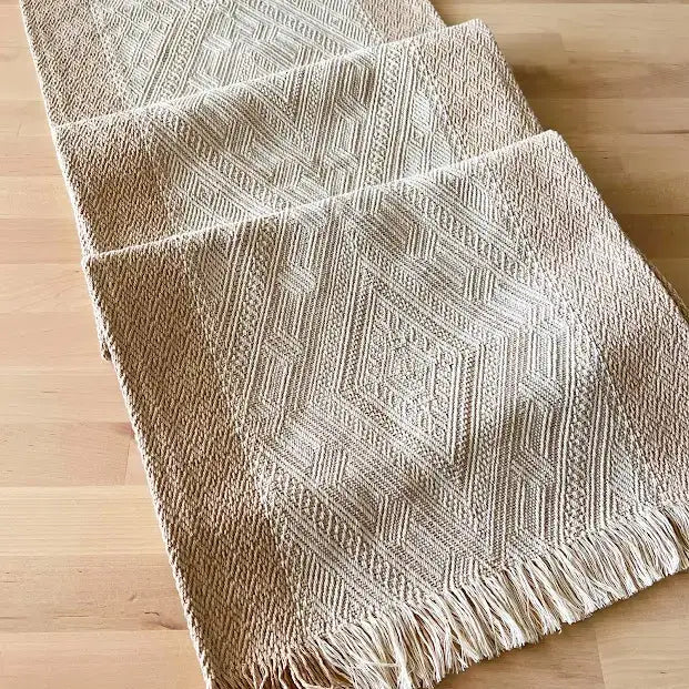 Beige Diamond Weave Fringed Cotton Blend Table Runner