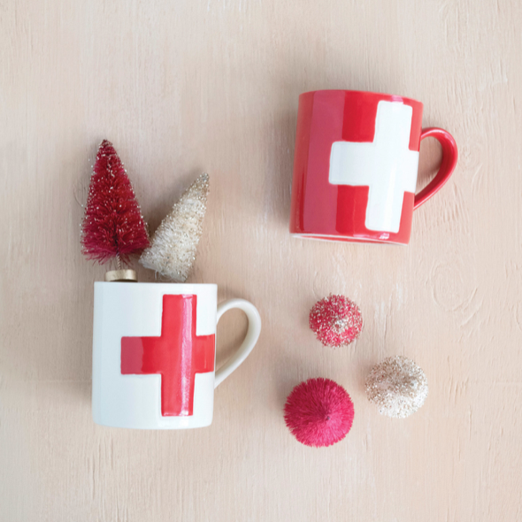 Handmade Stoneware Mug w/ Wax Relief Swiss Cross