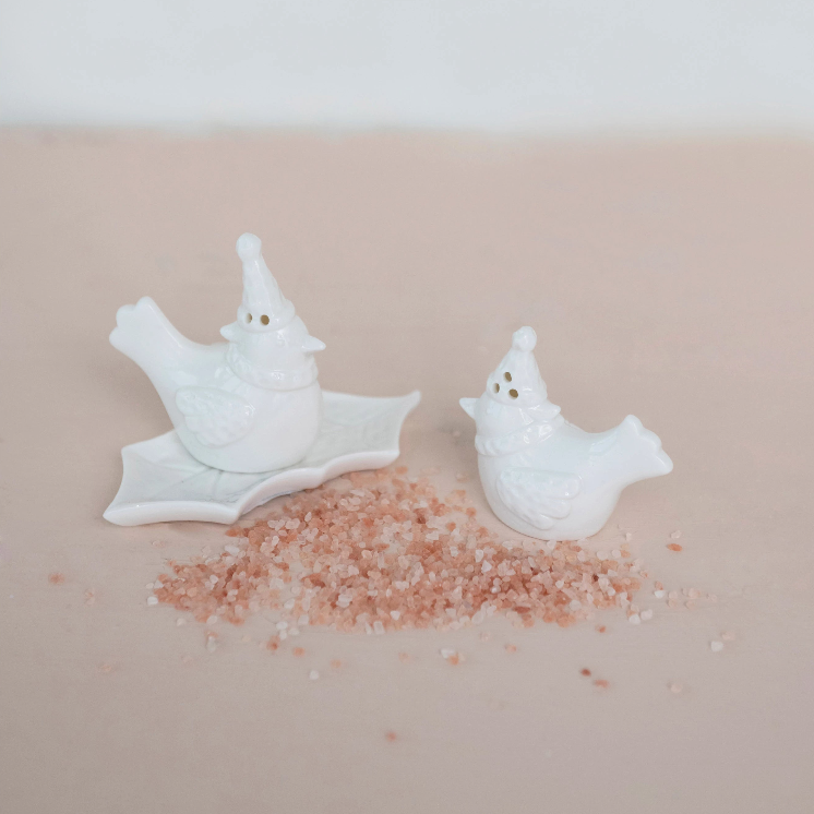 Stoneware Bird Salt and Pepper Shakers on Leaf | S/3