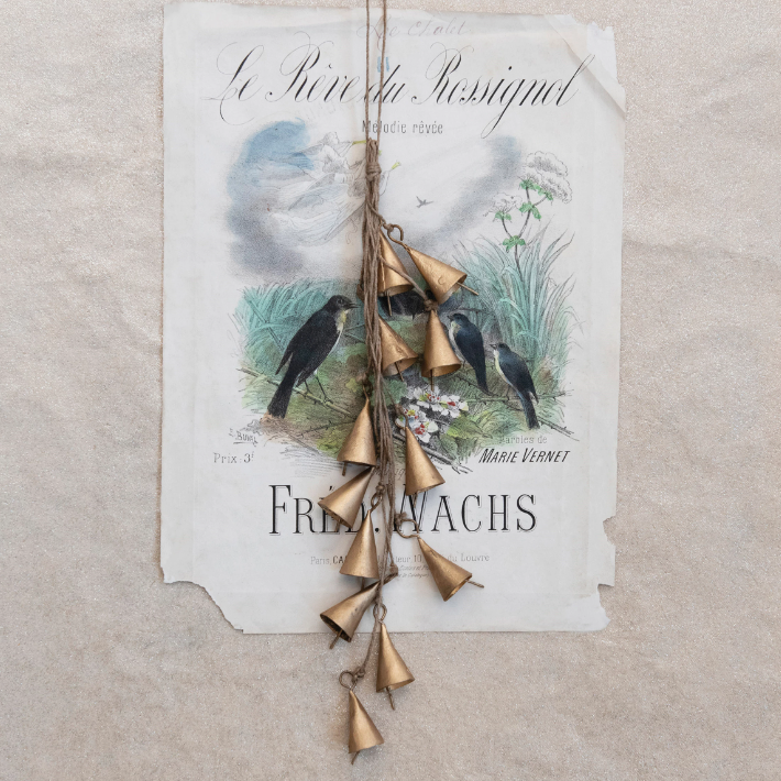 12-1/2"H Hanging Metal Bell Cluster with Jute Rope, Antique Brass Finish