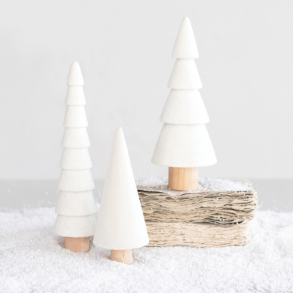 Flocked Wood Trees w/Glitter S/3