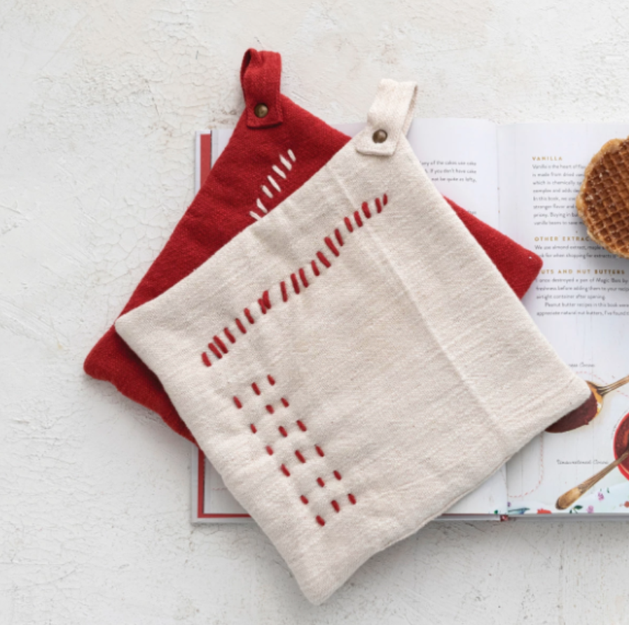 8" Square Cotton Slub Pot Holder w/ Embroidery -