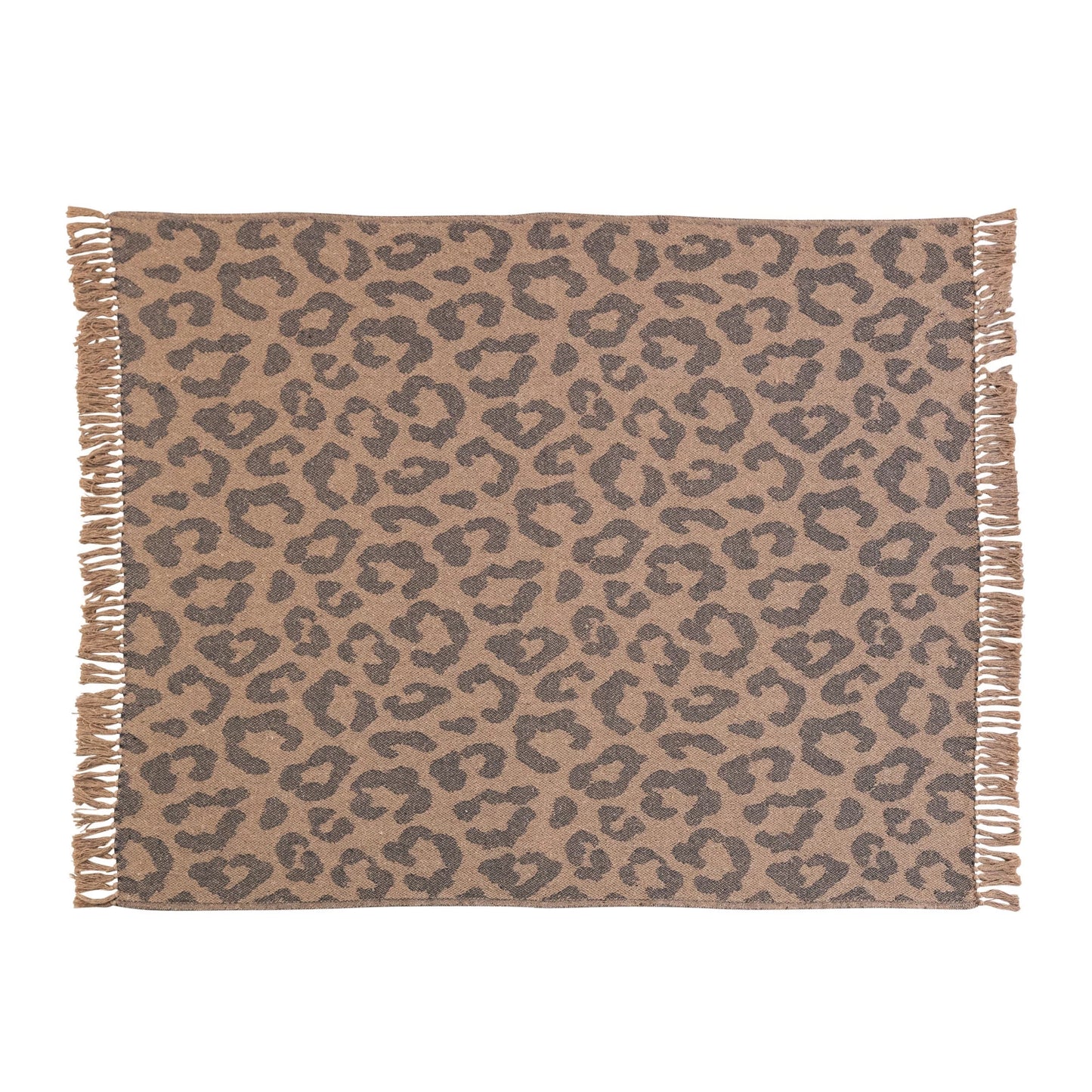 60"L x 50"W Woven Recycled Cotton Blend Leopard Print Throw w/ Fringe | Black & Tan