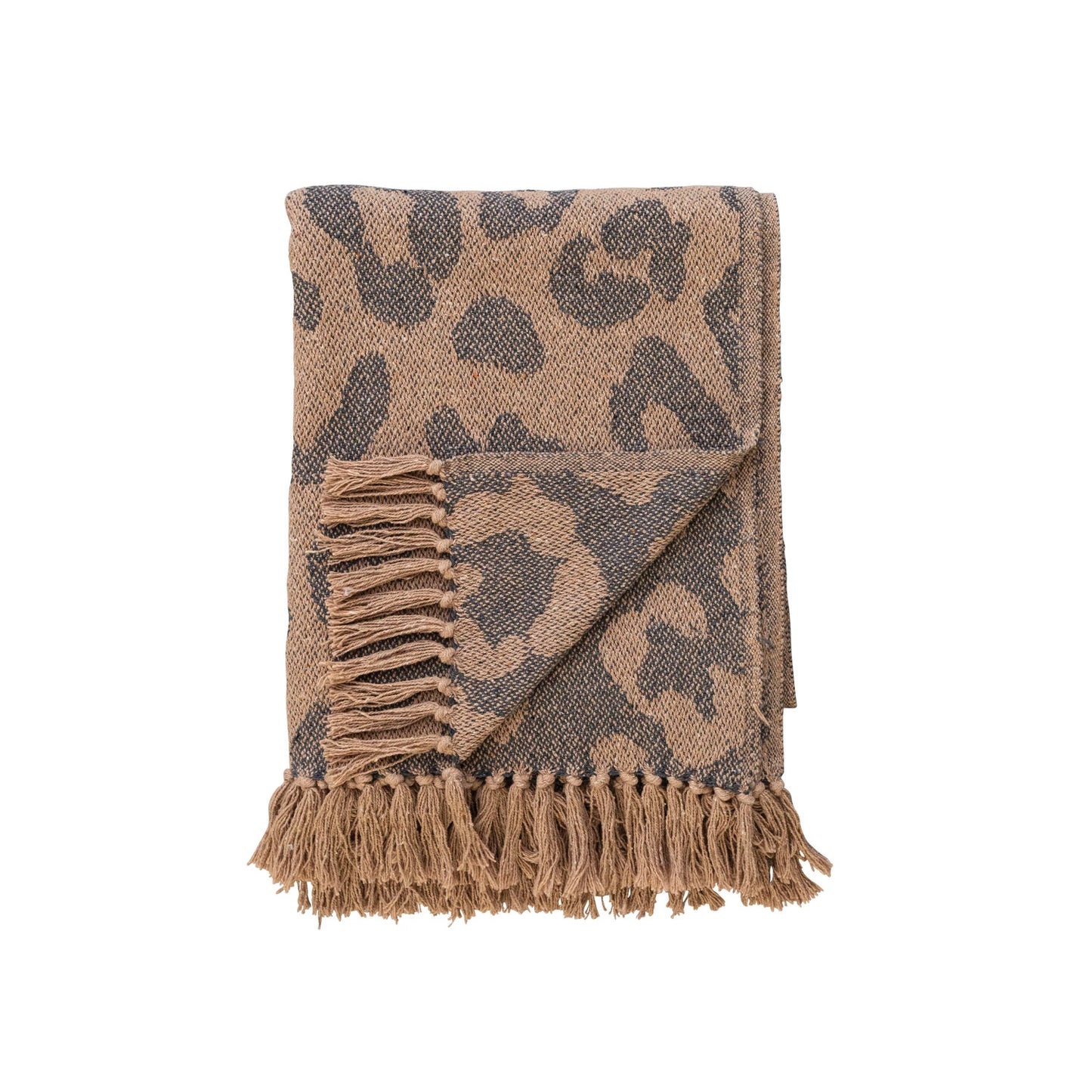 60"L x 50"W Woven Recycled Cotton Blend Leopard Print Throw w/ Fringe | Black & Tan