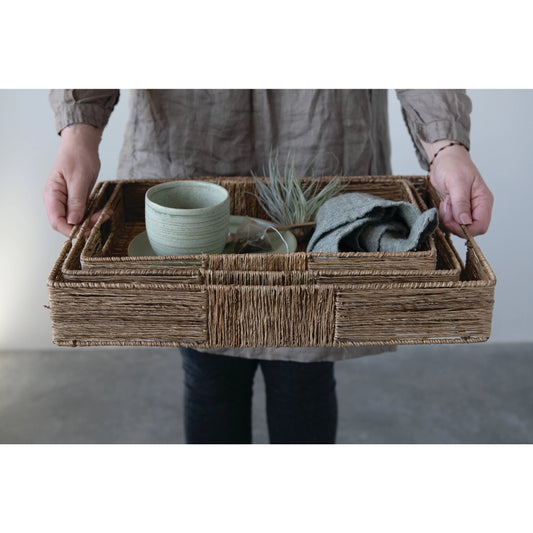 Hand-Woven Decorative Bamboo & Jute Tray with Handles-Large