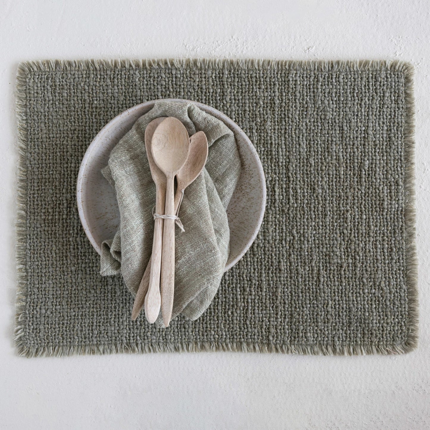 Woven Cotton Blend Placemat w/ Metallic Thread & Fringe