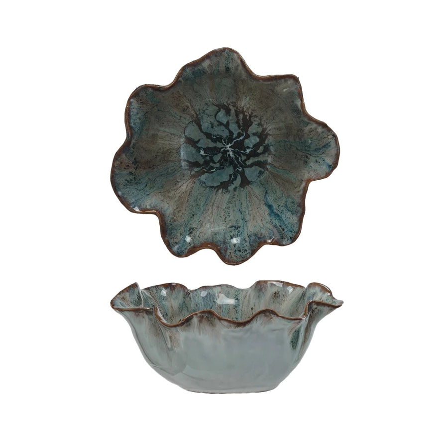 Blue Stoneware Ruffled Bowl