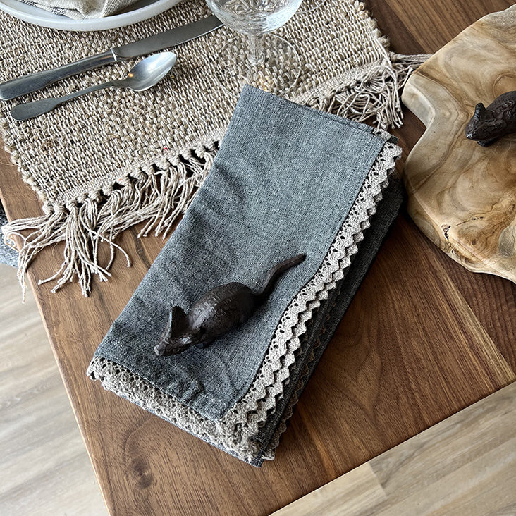 Square Cotton Napkins w/ Lace Trim, Charcoal | Textiles | Sunday Night Dinner | |
