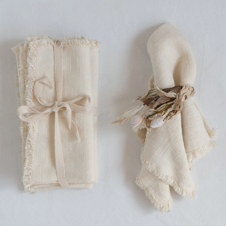 18" Square Linen Blend Napkin with Fringe Trim, Cream | Textiles | Sunday Night Dinner | |
