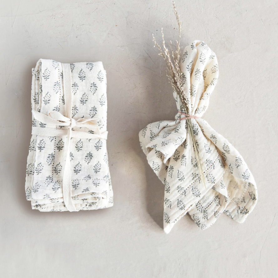 Square Cotton Napkins w/ Floral Pattern-Charcoal & Cream | Textiles | Sunday Night Dinner | |