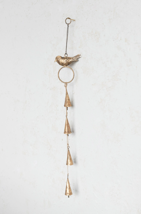 19"H Hanging Metal Bells with Bird on Chain, Antique Brass Finish | Holiday | Sunday Night Dinner | |