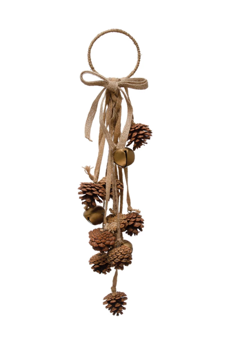 21"H Metal Ring Door Hanger w/ Natural Pinecones, Jingle Bells & Jute Bow, Gold Finish | Holiday | Sunday Night Dinner | |