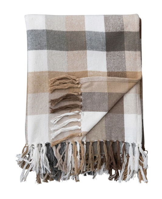 60"L x 50"W Brushed Cotton Flannel Throw w/ Fringe, Multi Color Plaid | Textiles | Sunday Night Dinner |  |