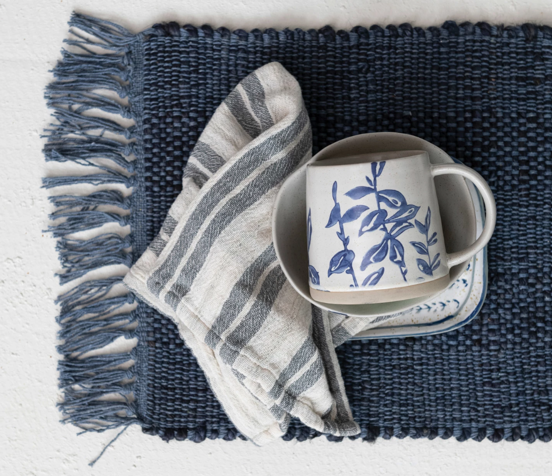 Woven Jute & Cotton Placemat w/ Fringe - Blue | Textiles | Sunday Night Dinner | |