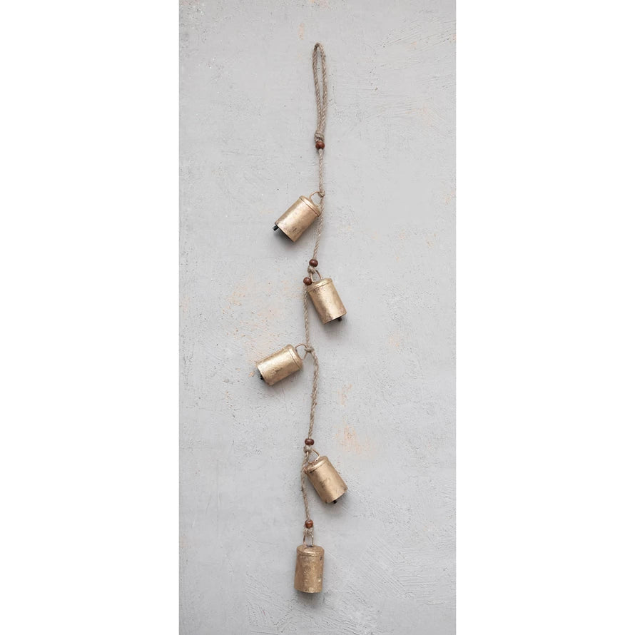 Hanging Metal Bells w/ Wood Beads & Jute Rope,