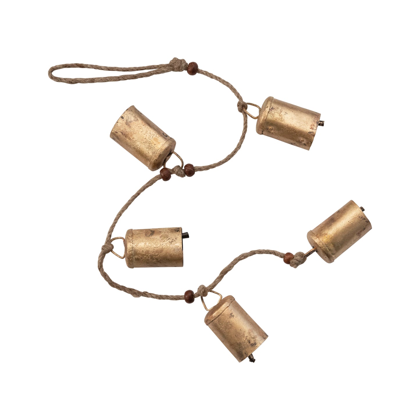 Hanging Metal Bells w/ Wood Beads & Jute Rope,