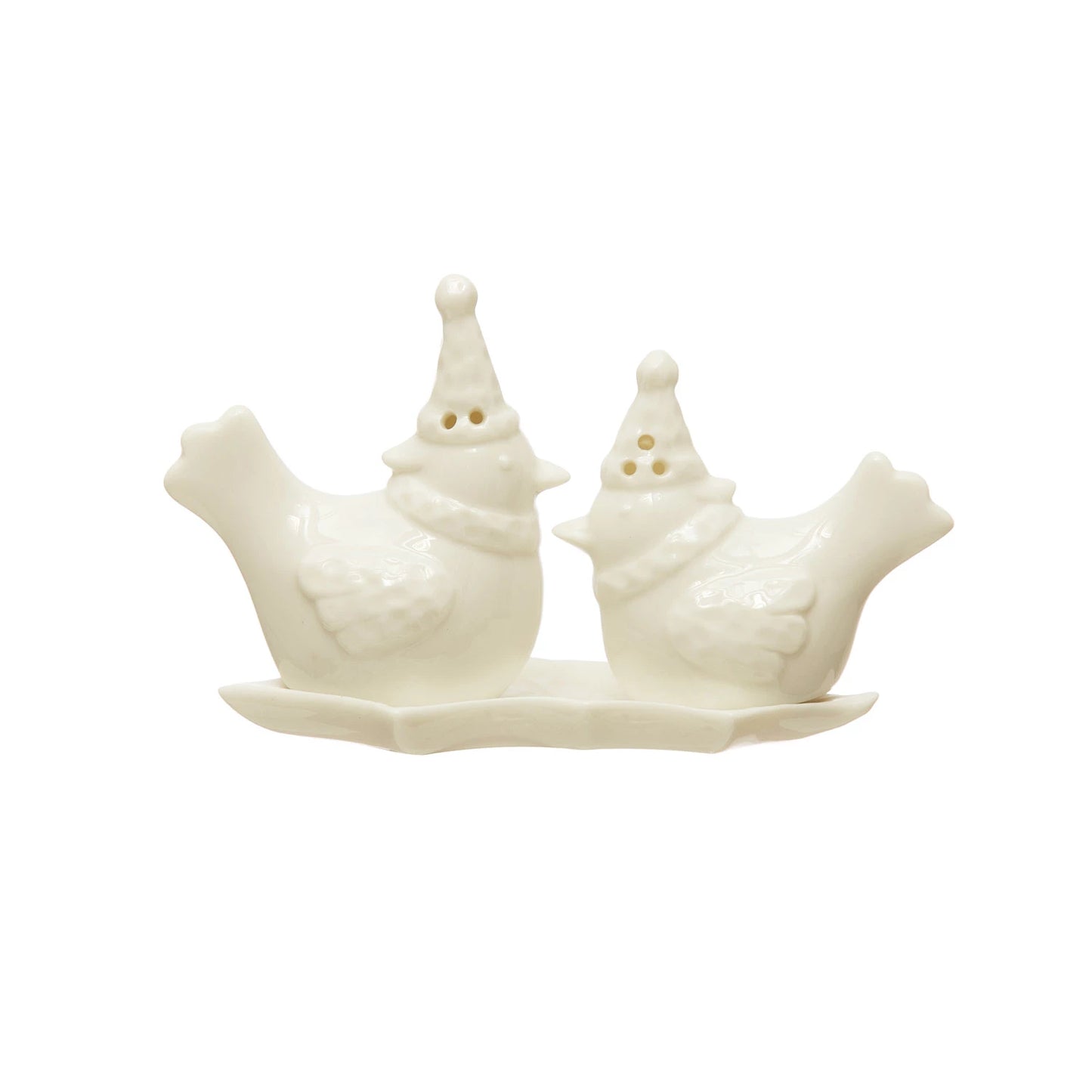 Stoneware Bird Salt and Pepper Shakers on Leaf | S/3
