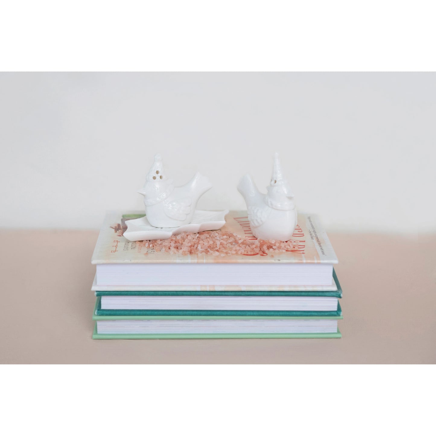 Stoneware Bird Salt and Pepper Shakers on Leaf | S/3