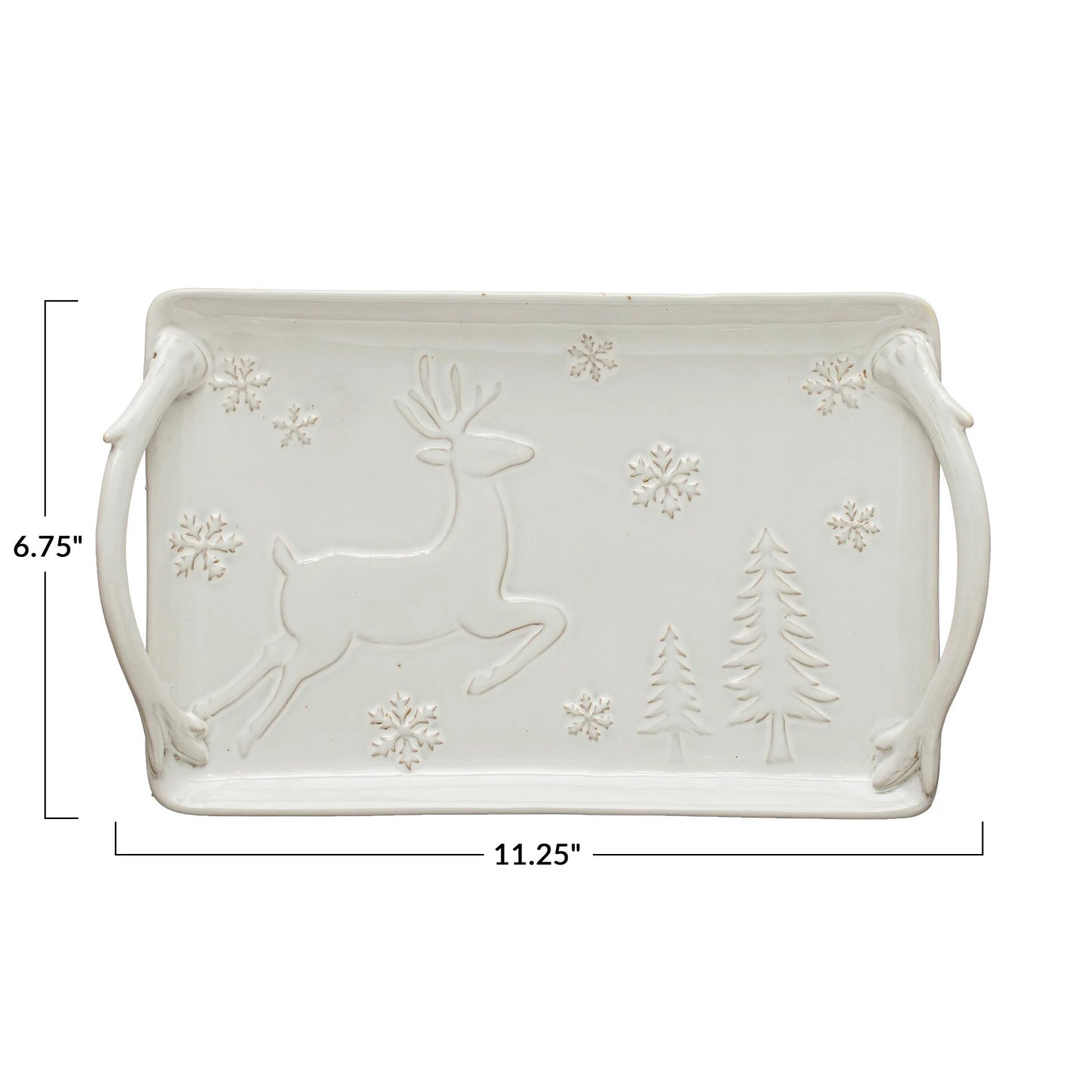 Debossed Stoneware Tray w/ Deer, Snowflakes & Trees