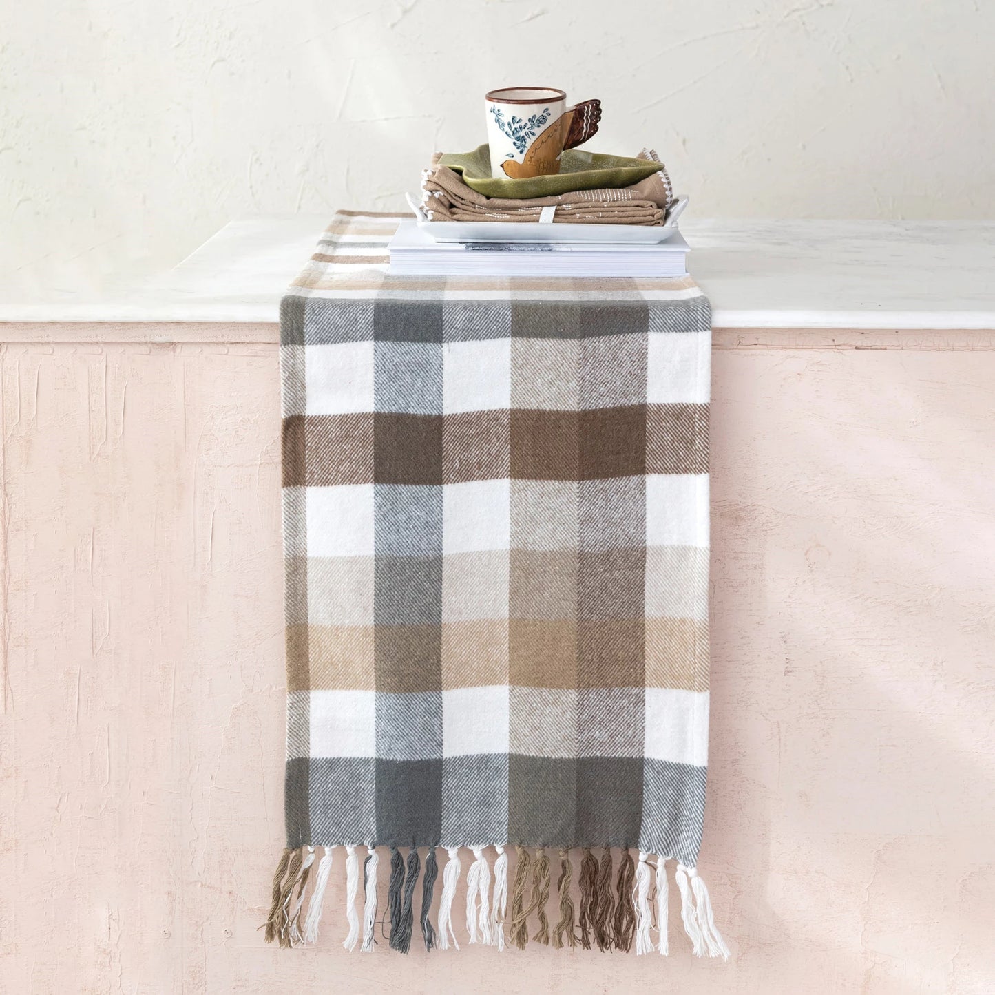 72" Brushed Cotton Flannel Table Runner w/ Fringe, Multi Color Plaid