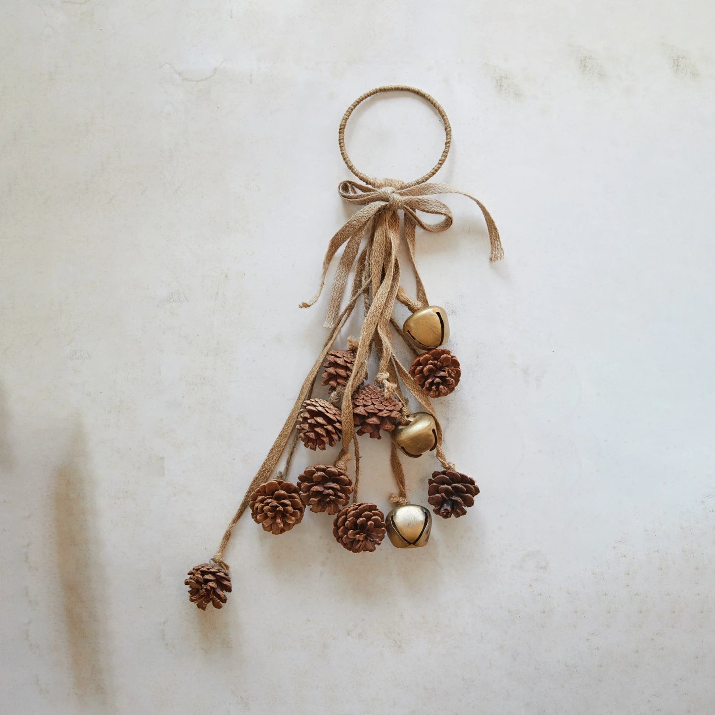 21"H Metal Ring Door Hanger w/ Natural Pinecones, Jingle Bells & Jute Bow, Gold Finish