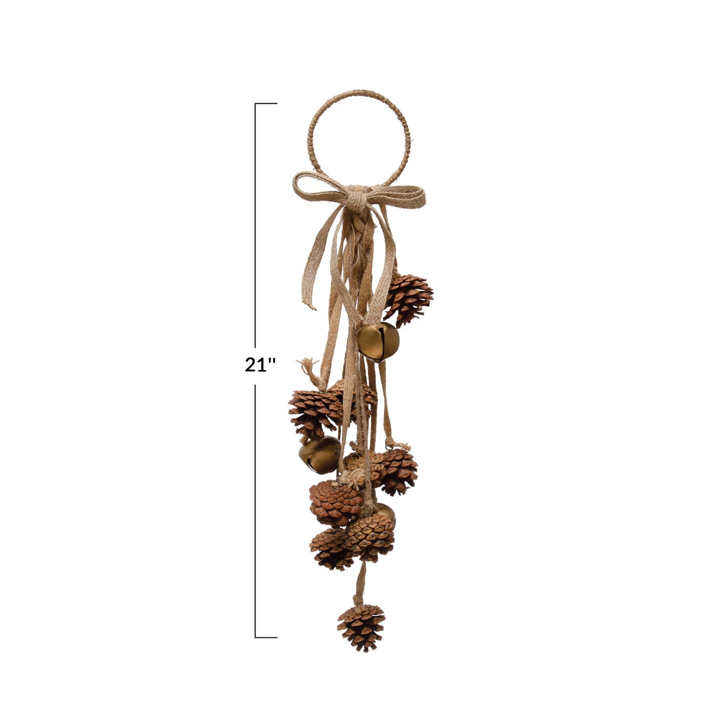 21"H Metal Ring Door Hanger w/ Natural Pinecones, Jingle Bells & Jute Bow, Gold Finish