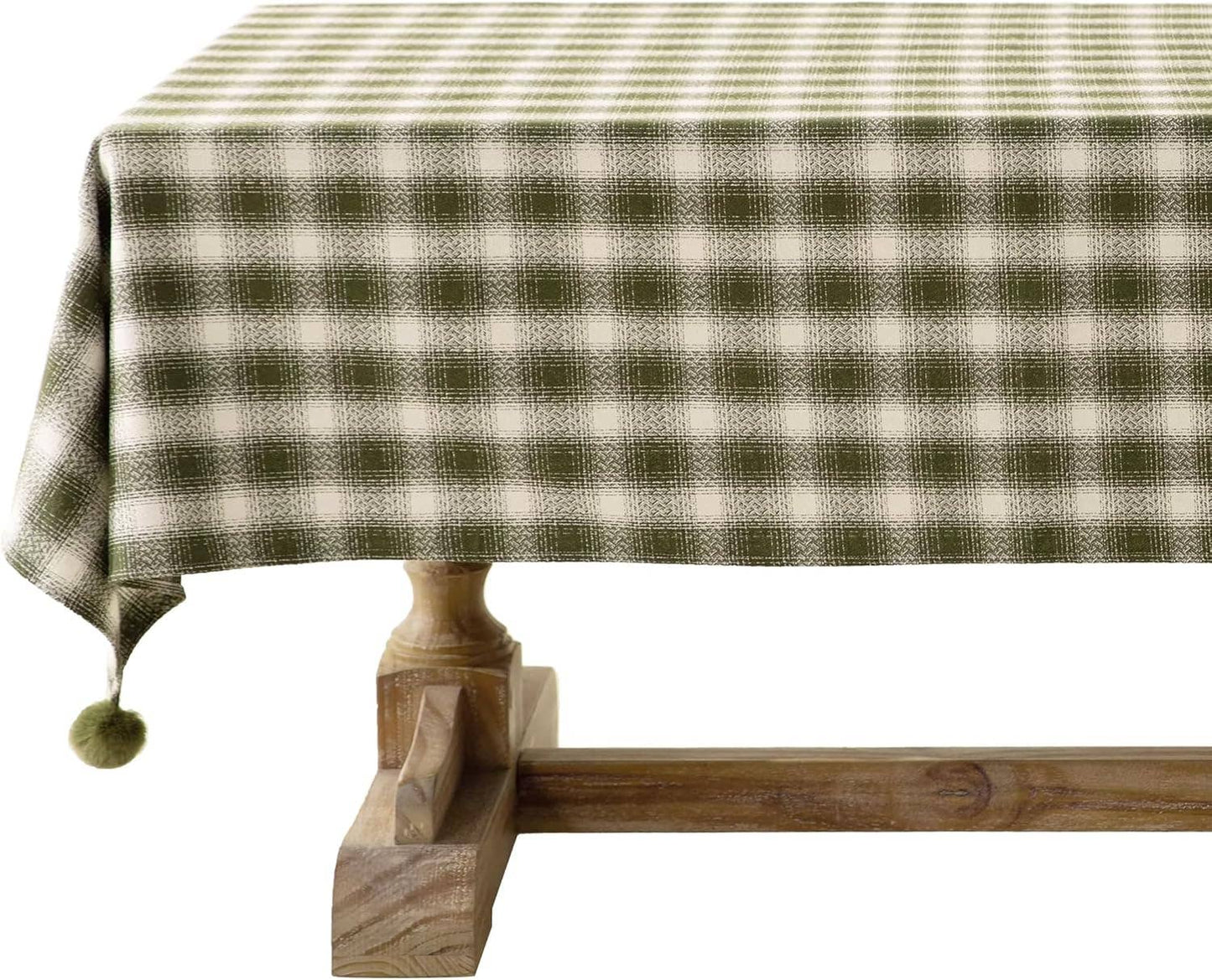 Green-cream Plaid Cotton Holiday Tablecloth with Pom-Poms