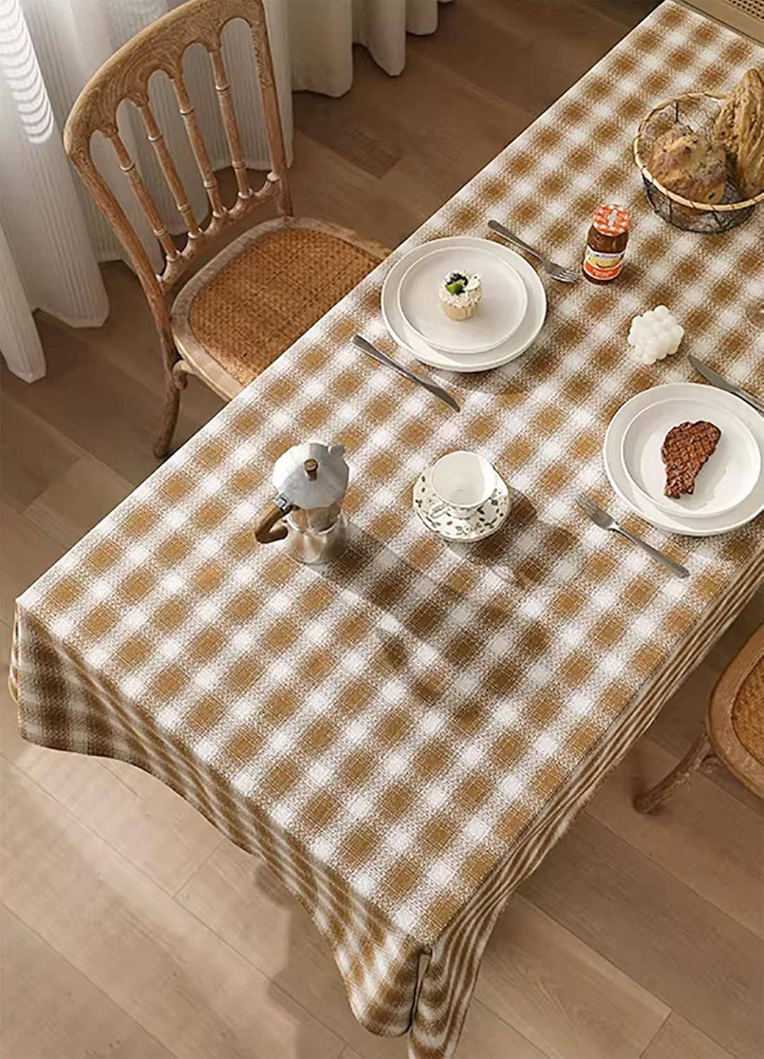 Brown-Cream Plaid Cotton Holiday Tablecloth with Pom-Poms