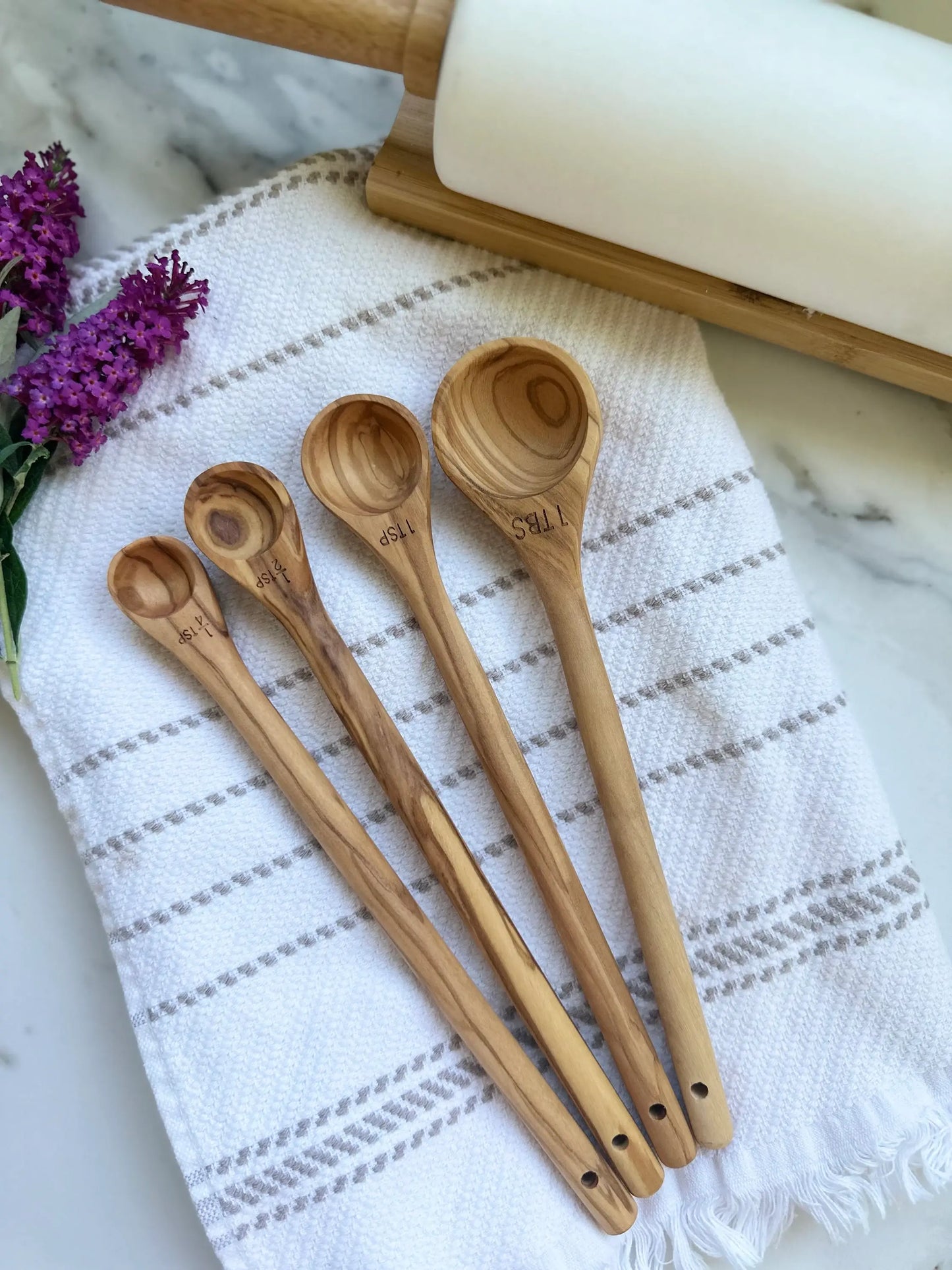 Handcrafted Olive Wood Long Handle Measuring Spoons Set