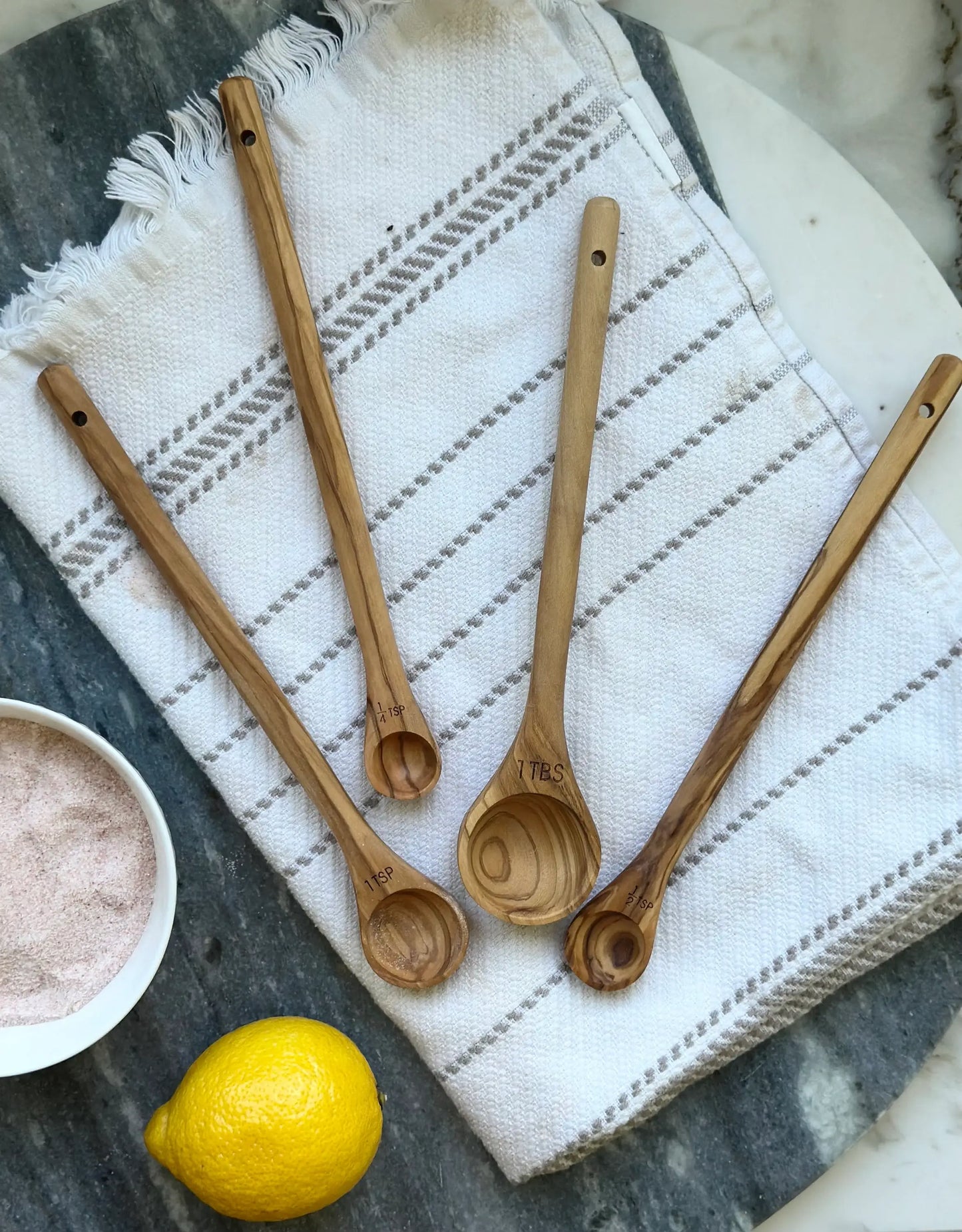 Handcrafted Olive Wood Long Handle Measuring Spoons Set