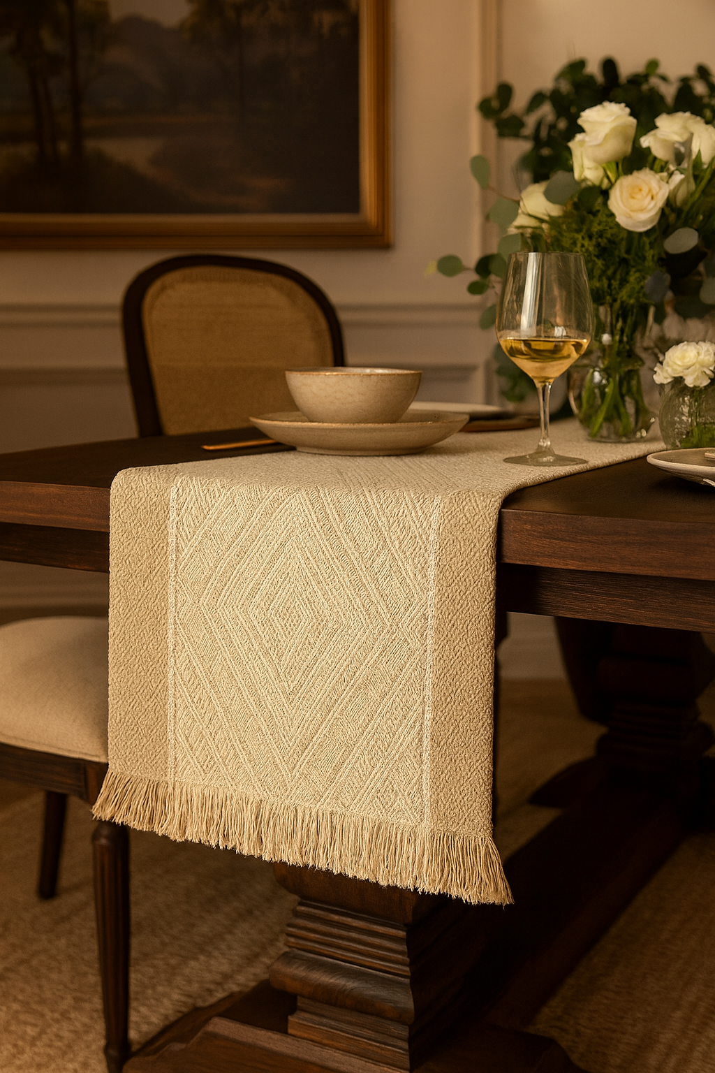 Beige Diamond Weave Fringed Cotton Blend Table Runner