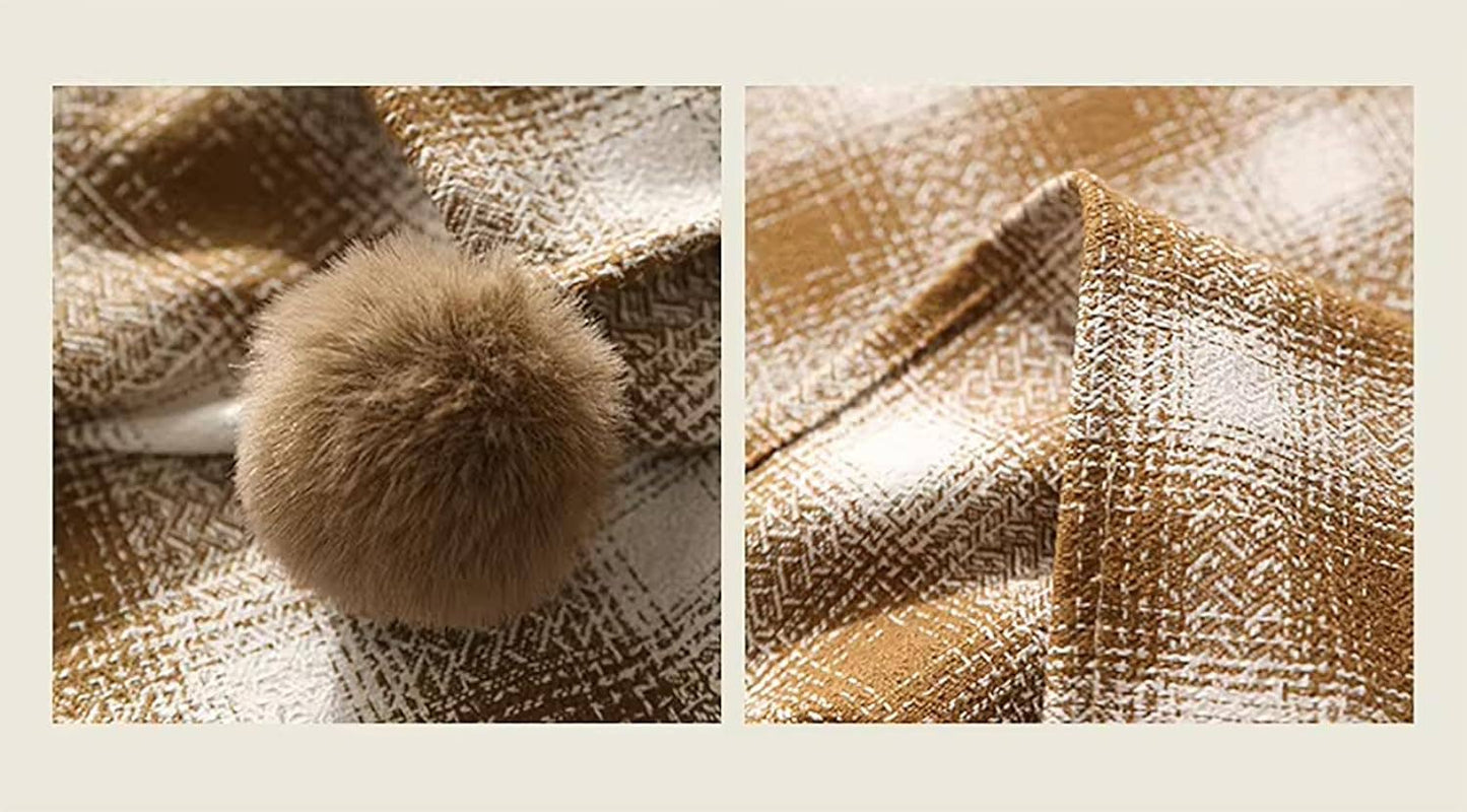 Brown-Cream Plaid Cotton Holiday Tablecloth with Pom-Poms