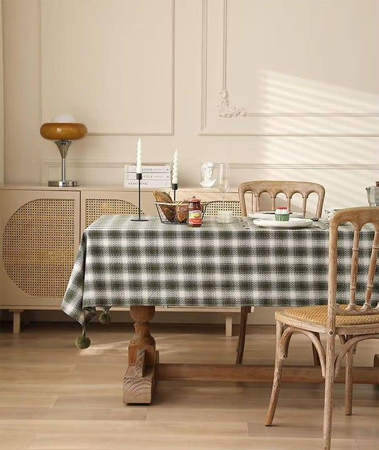 Green-cream Plaid Cotton Holiday Tablecloth with Pom-Poms