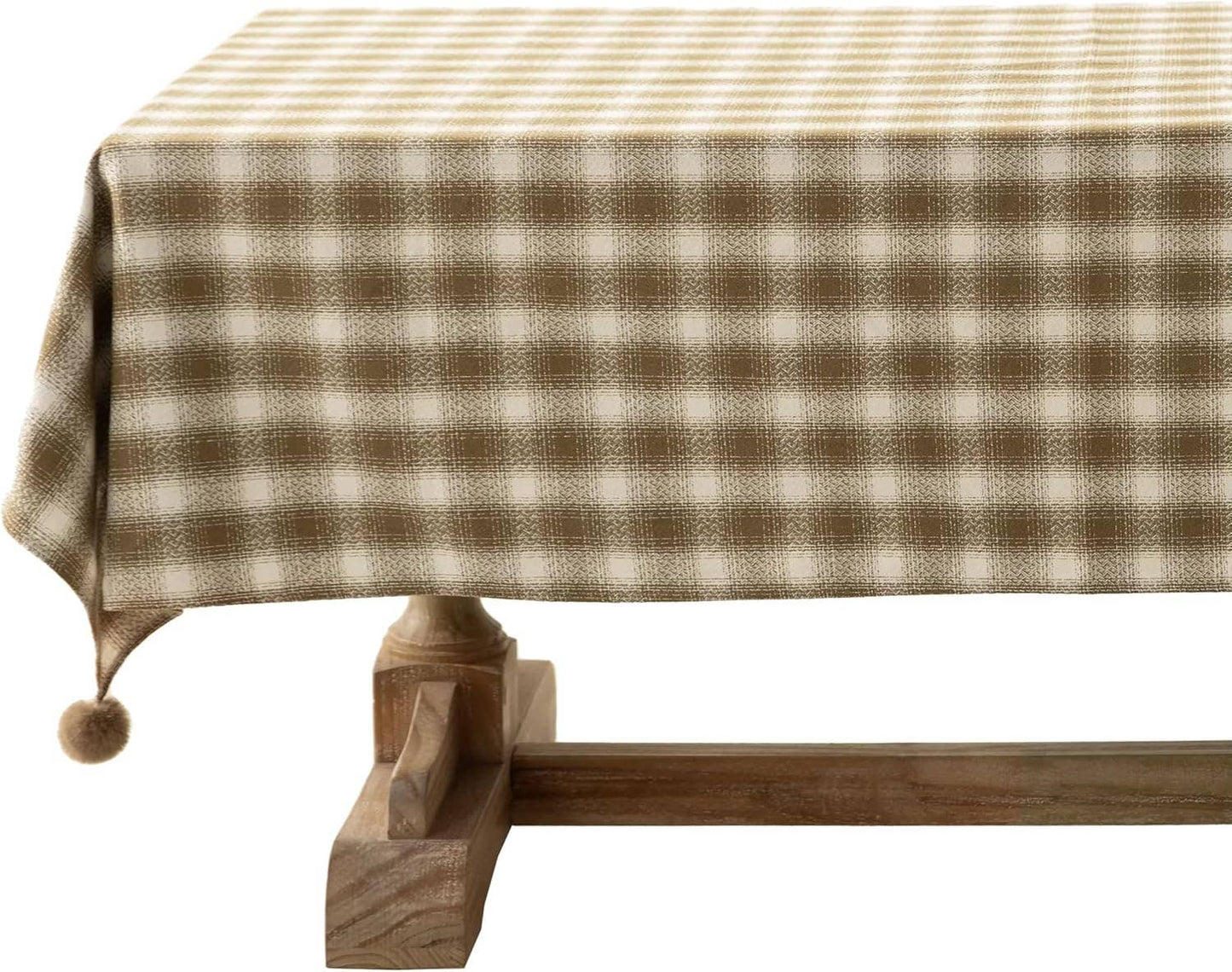 Brown-Cream Plaid Cotton Holiday Tablecloth with Pom-Poms