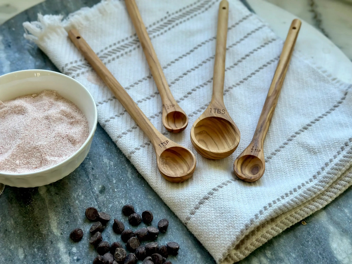 Handcrafted Olive Wood Long Handle Measuring Spoons Set