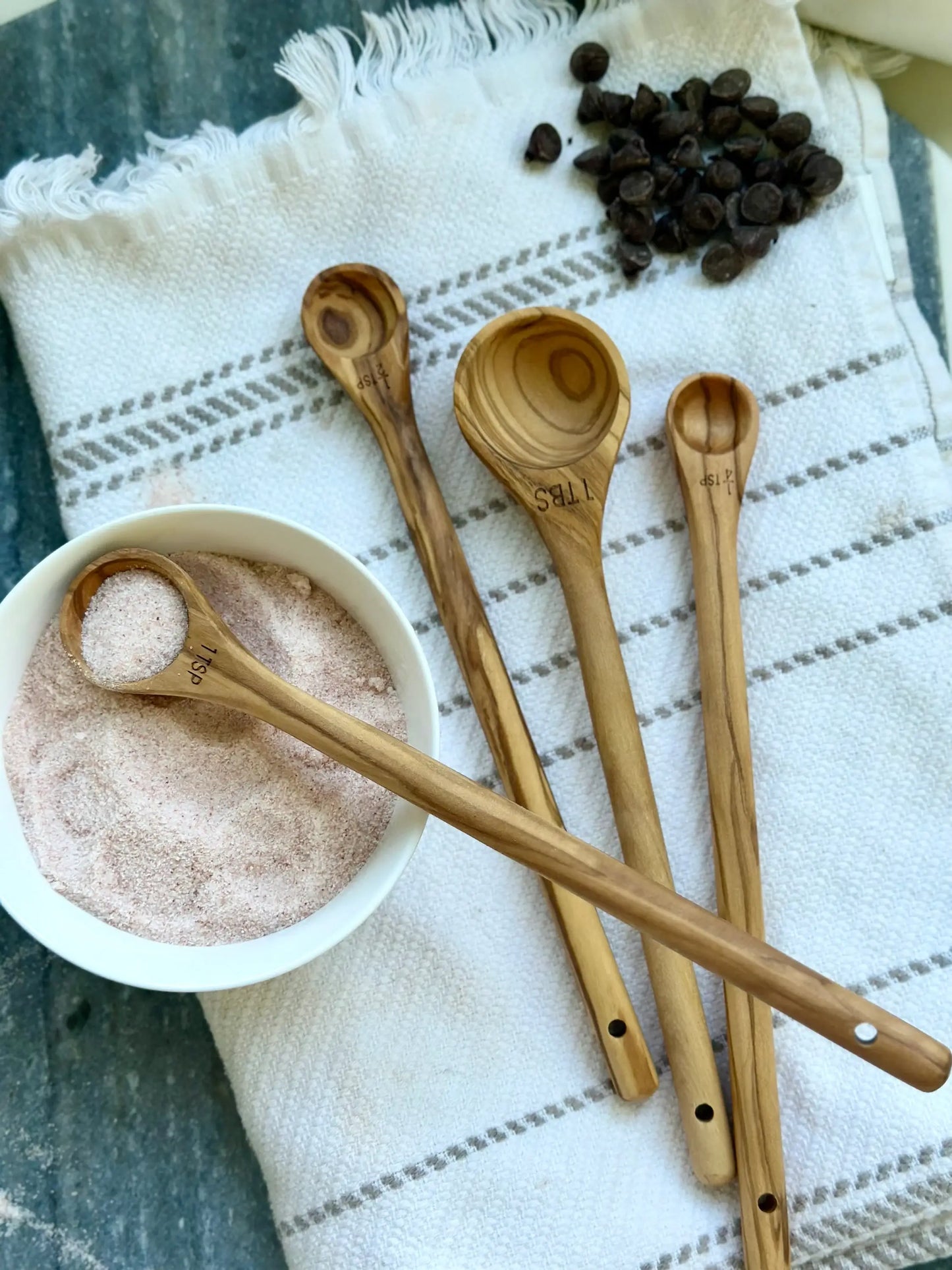 Handcrafted Olive Wood Long Handle Measuring Spoons Set