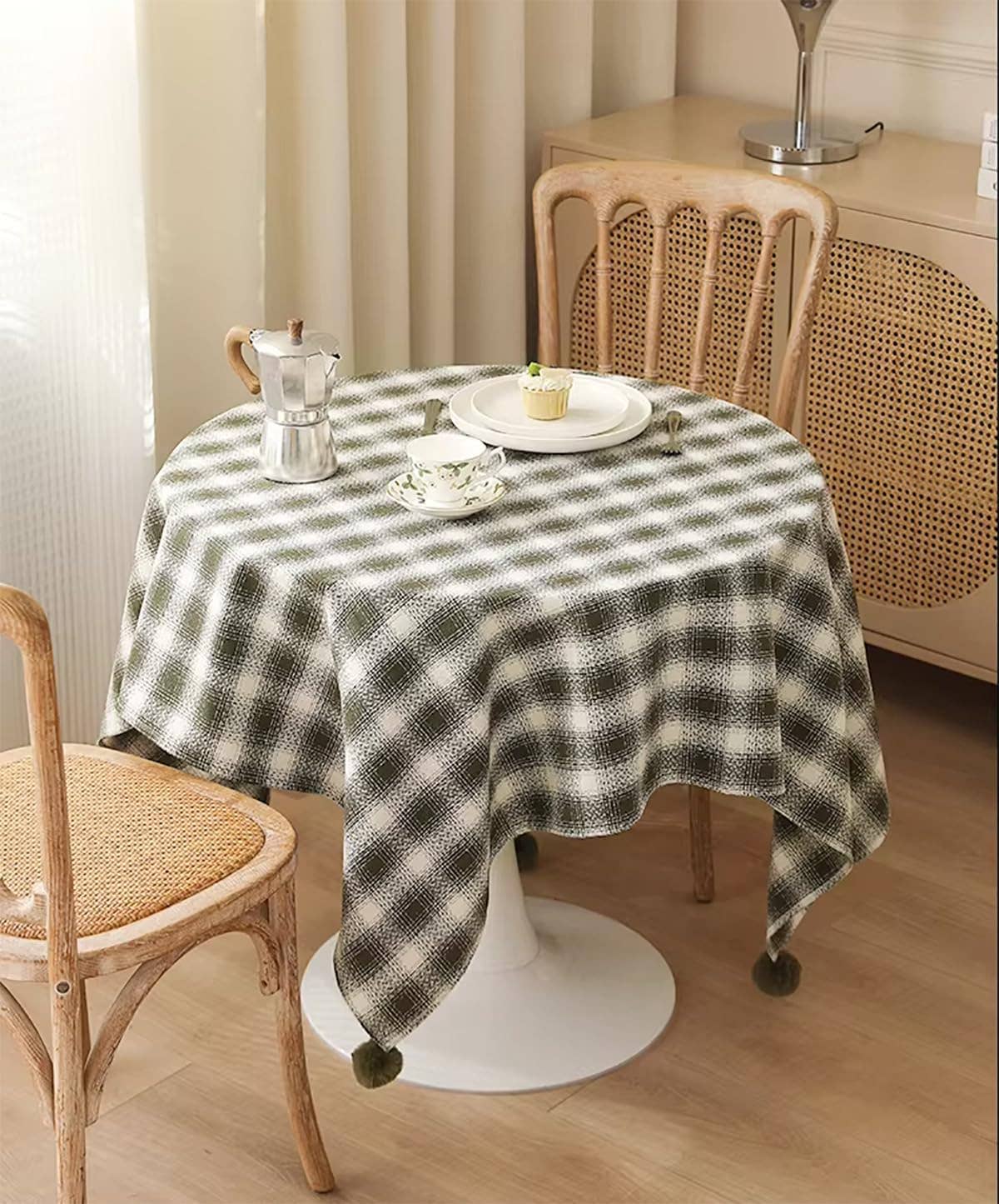 Green-cream Plaid Cotton Holiday Tablecloth with Pom-Poms