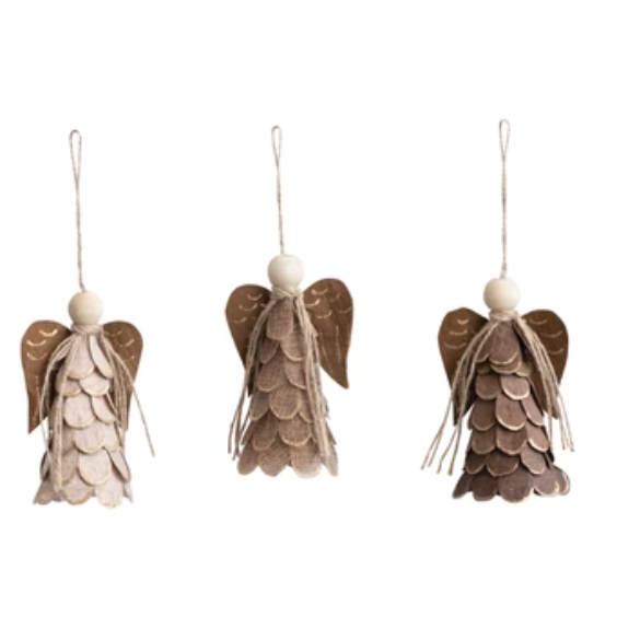 Natural Fiber + Wood Bead Angel Ornament -