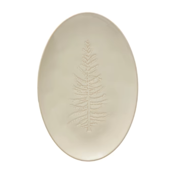 Oval Debossed Stoneware Platter w/Tree