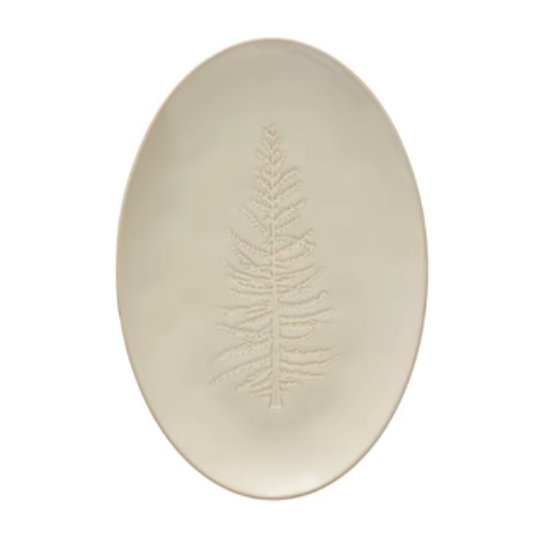 Oval Debossed Stoneware Platter w/Tree