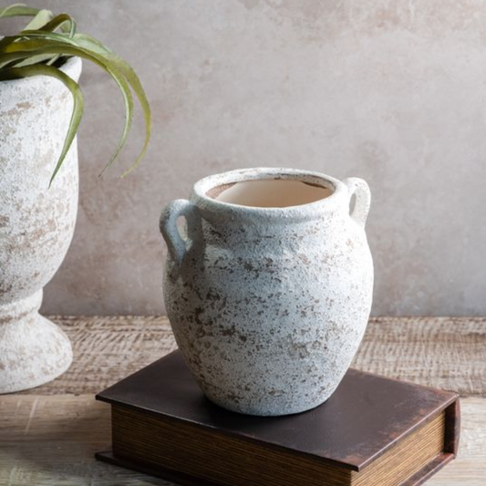 WHITE WASHED CERAMIC VASE w/Handes