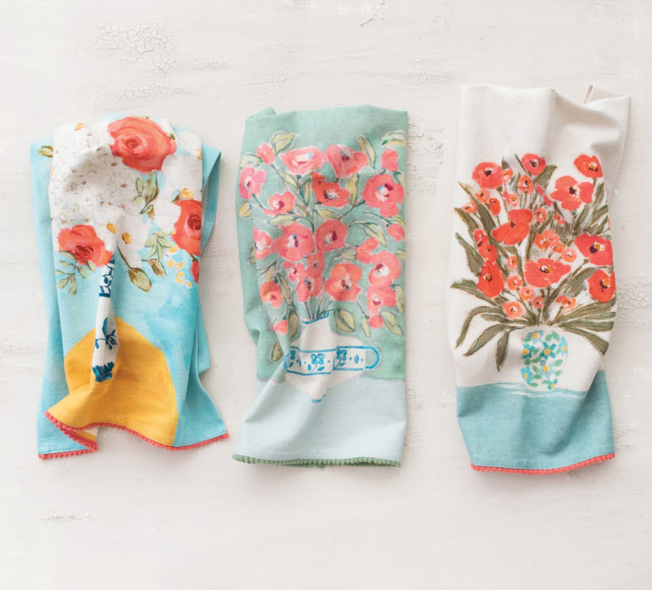 Flowers and Pom Pom Tea Towel