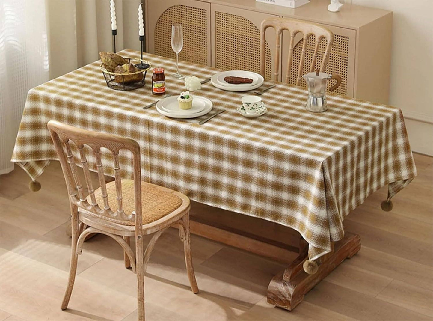 Brown-Cream Plaid Cotton Holiday Tablecloth with Pom-Poms