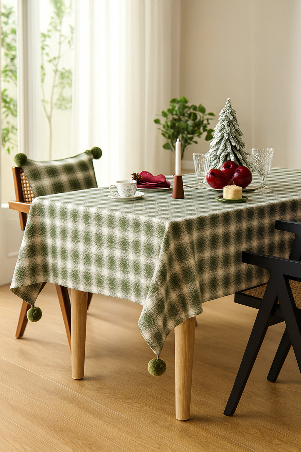 Green-cream Plaid Cotton Holiday Tablecloth with Pom-Poms