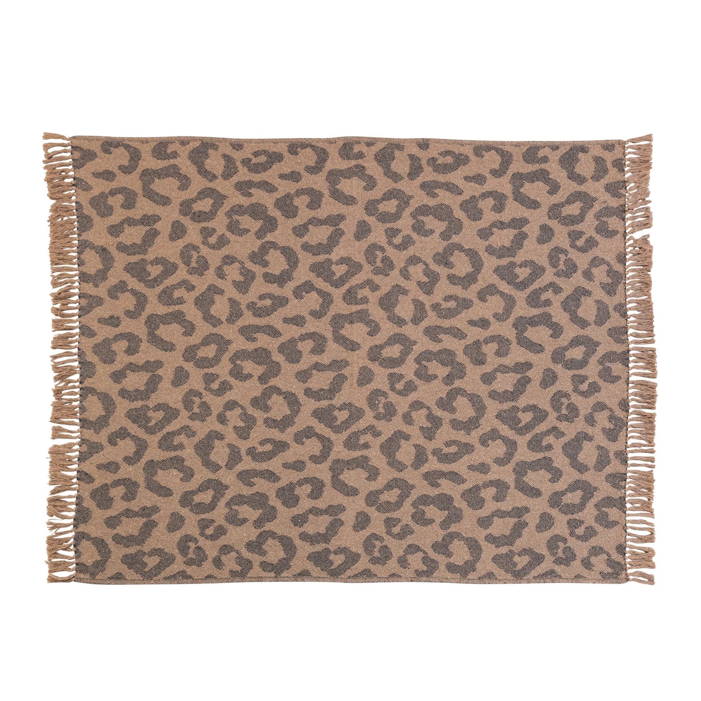 60"L x 50"W Woven Recycled Cotton Blend Leopard Print Throw w/ Fringe | Black & Tan