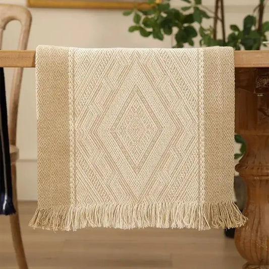 Beige Diamond Weave Fringed Cotton Blend Table Runner