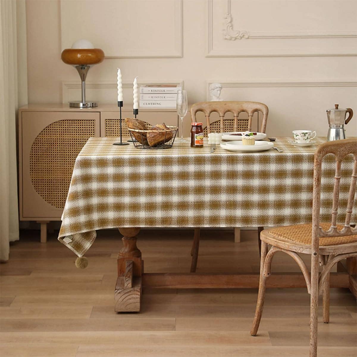 Brown-Cream Plaid Cotton Holiday Tablecloth with Pom-Poms