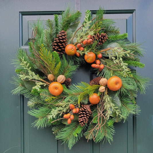 Fall Pine Wreath with Apples Walnuts Pinecones