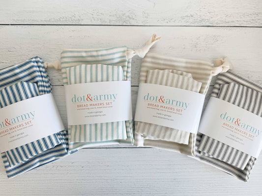 Bread Makers Set in Ticking Stripes, bread bag & bowl cover
