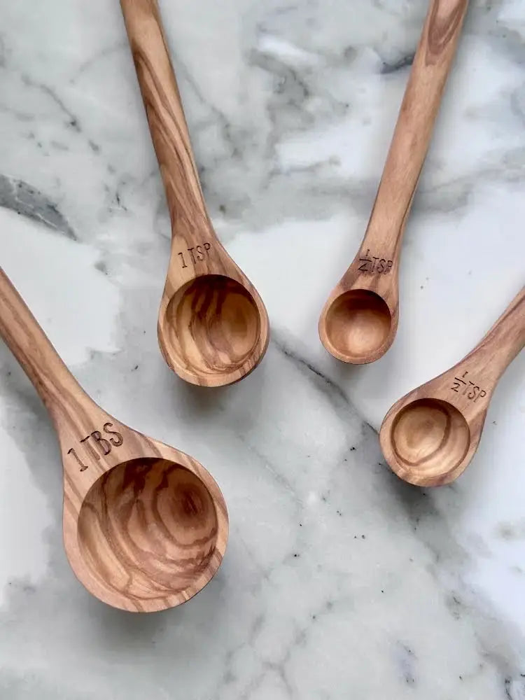 Handcrafted Olive Wood Long Handle Measuring Spoons Set